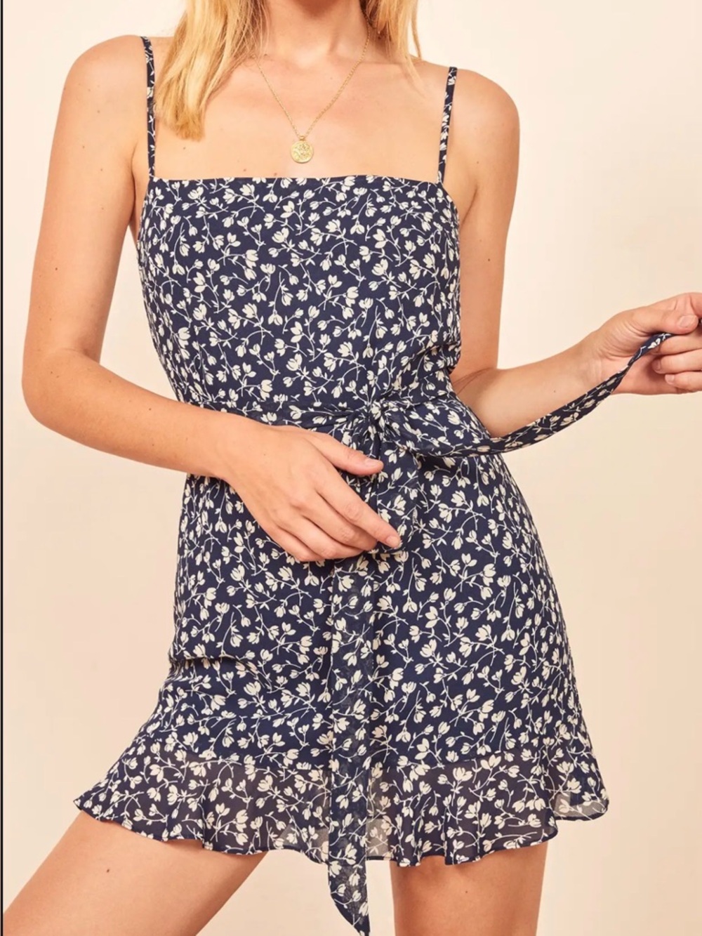Reformation Soleil Navy Blue Floral Elyse Print Tie-Waist Mini Dress